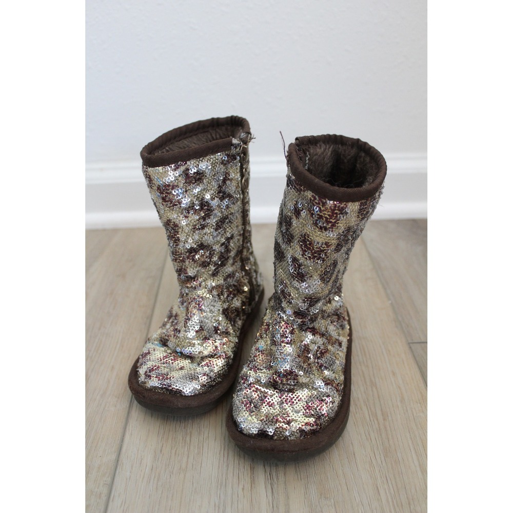 Stuart Weitzman Kids Leopard Sequin Faux Fur Lined Boots Gold Brown Size‎ 10